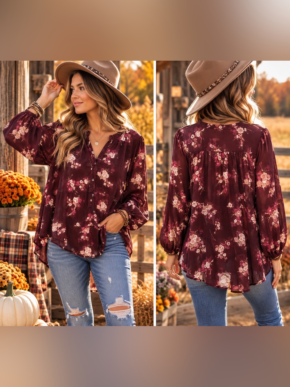 Wonderly Burgundy Floral V-Neck Peasant Blouse